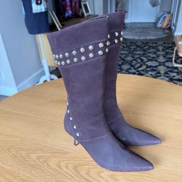 Manolo Blahnik Nenbiemi Brown Nubuck Leather Boots w/Silver Studs Size 38.5 US 8 - Picture 2 of 13
